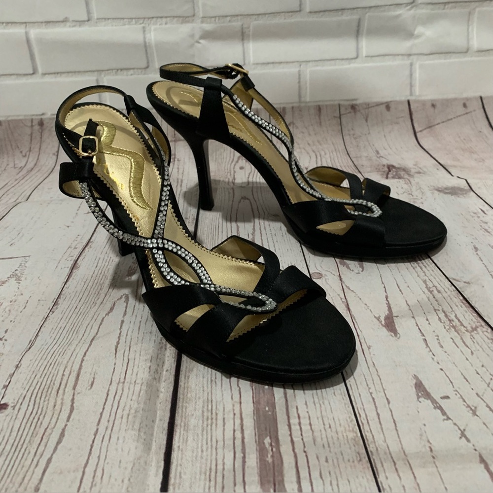 NINA Women’s Black/Gold Heel Sandals With Rhinestones Sandals Size 10M